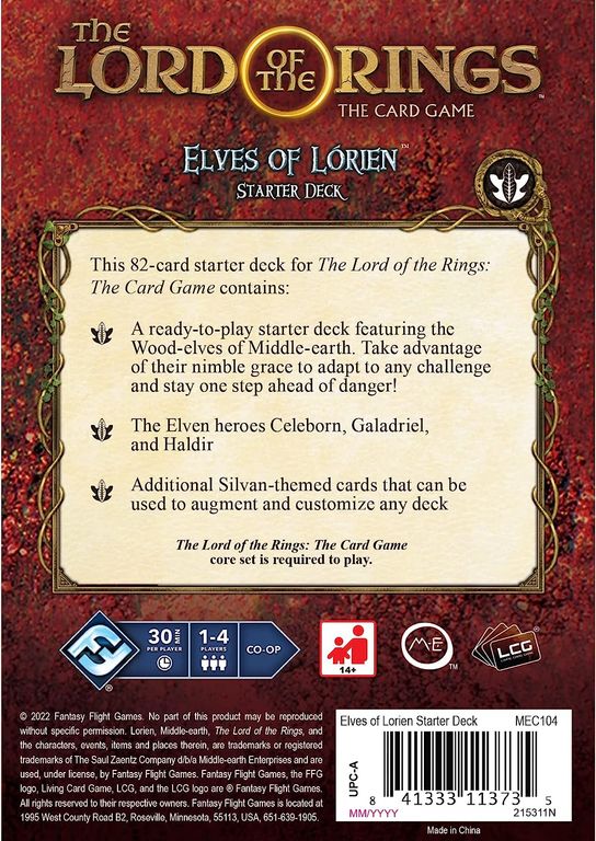 The Lord of the Rings: The Card Game – Revised Core – Elves of Lórien Starter Deck parte posterior de la caja