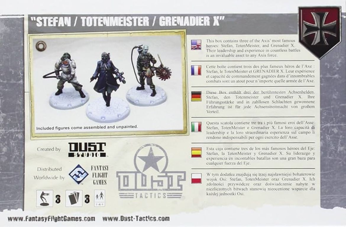 Dust Tactics: Axis Hero Pack - "Stefan / Totenmeister / Grenadier X" parte posterior de la caja