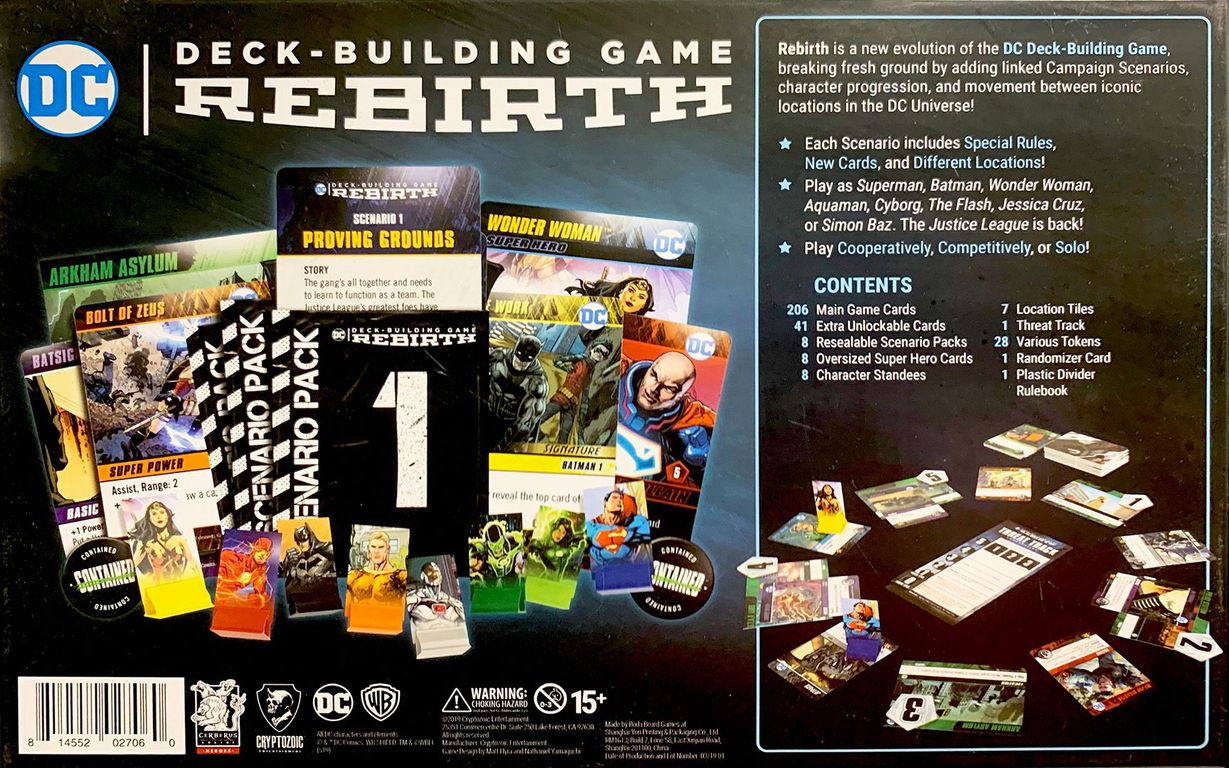 DC Deck-Building Game: Rebirth parte posterior de la caja