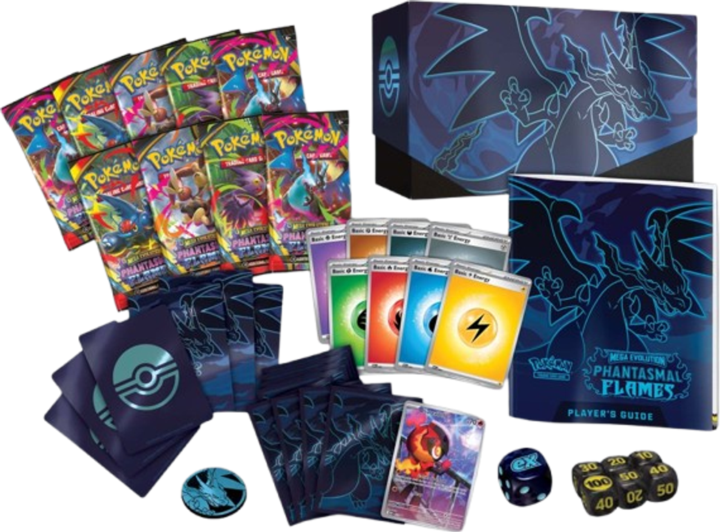 Pokémon TCG: Mega Evolution - Phantasmal Flames Elite Trainer Box components