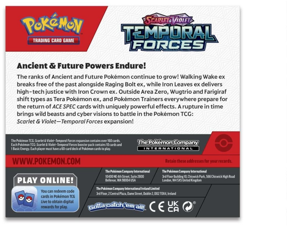 Pokémon TCG: Scarlet & Violet-Temporal Forces Booster Display Box (36 Packs) achterkant van de doos