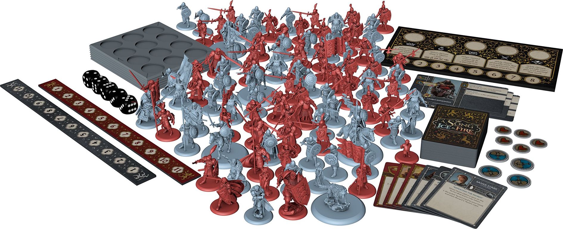 A Song of Ice & Fire: Tabletop Miniatures Game - Stark vs Lannister Starter Set components