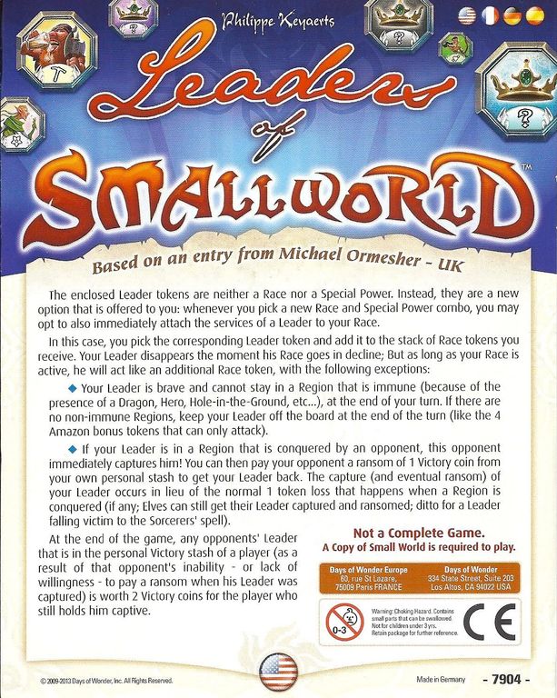 Small World: Leaders of Small World back of the box
