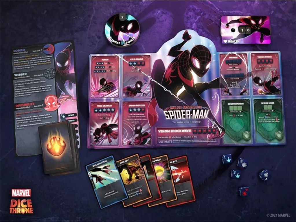 Marvel Dice Throne: Scarlet Witch v. Thor v. Loki v. Spider-Man componenti