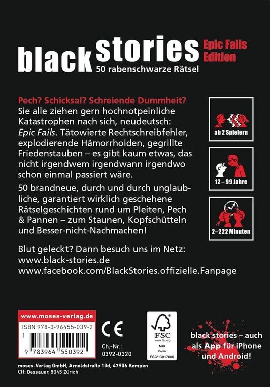 Black Stories: Epic Fails Edition dos de la boîte