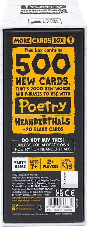 Poetry for Neanderthals: More Cards Box 1 back of the box