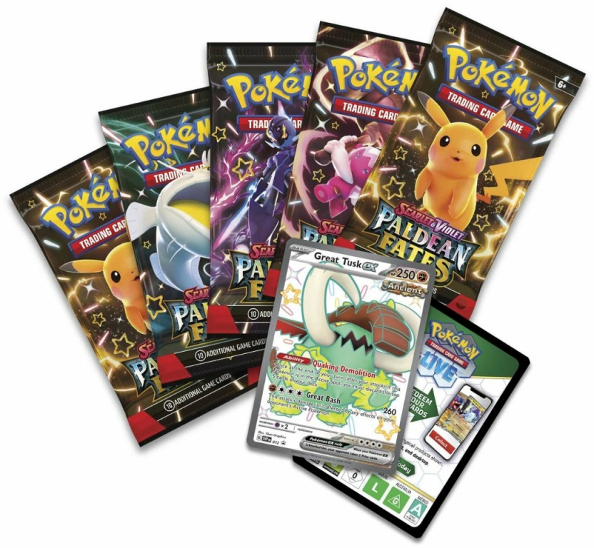 Pokémon TCG: Scarlet & Violet-Paldean Fates Tin (Shiny Great Tusk ex) cards