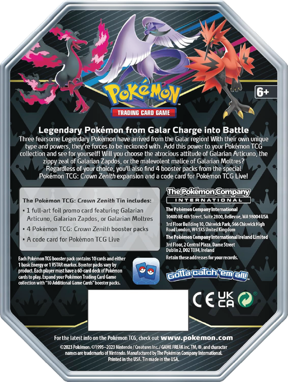 Pokémon TCG: Crown Zenith Tin (Galarian Moltres) parte posterior de la caja
