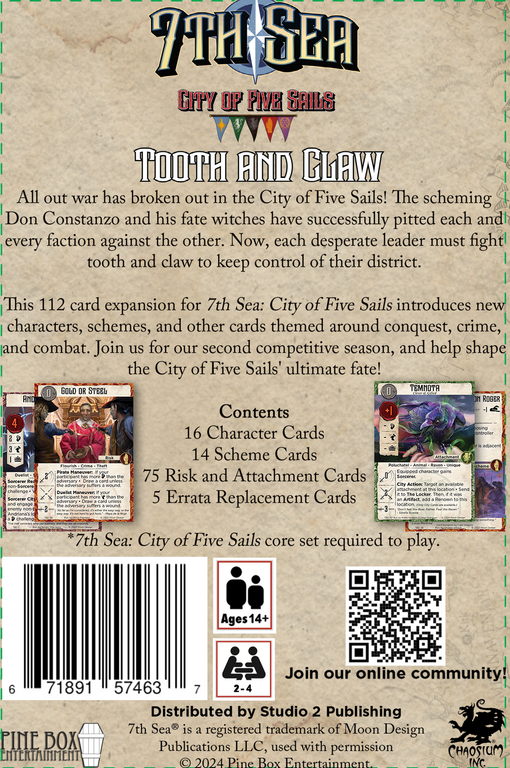 7th Sea: City of Five Sails – Tooth and Claw back of the box