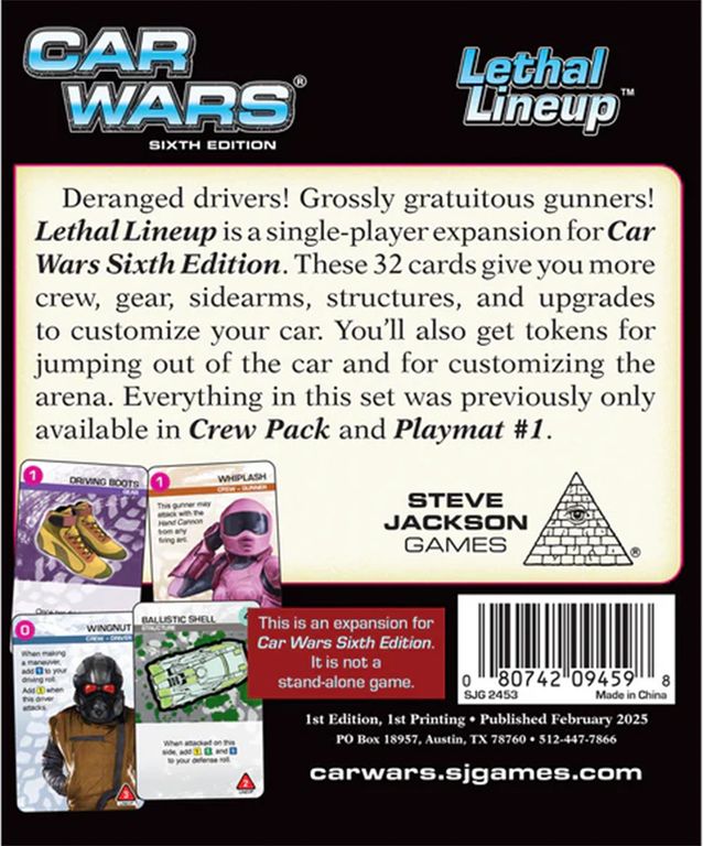 Car Wars (Sixth Edition): Lethal Lineup back of the box
