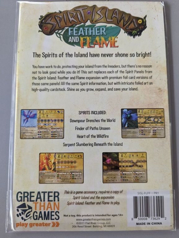 Spirit Island: Feather and Flame – Premium Foil Spirit Panels parte posterior de la caja