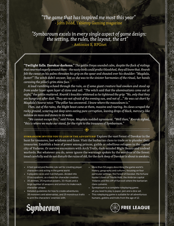 Symbaroum Core Rulebook back of the box