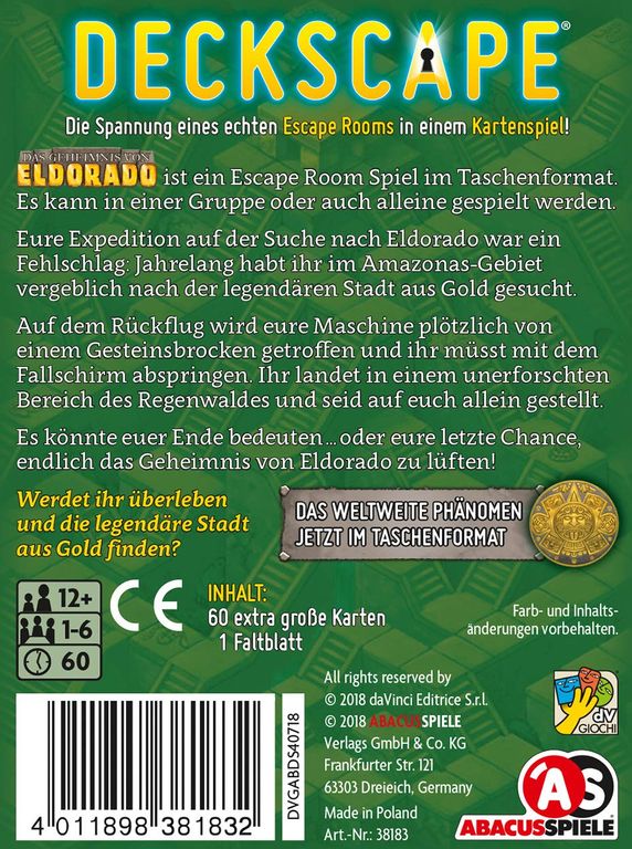 Deckscape: Das Geheimnis von Eldorado rückseite der box