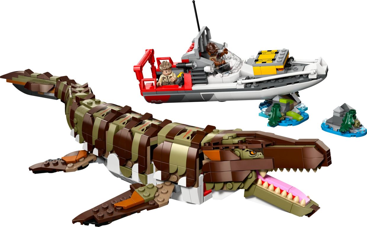 LEGO® Jurassic World Brick-Built Mosasaurus Boat Mission components