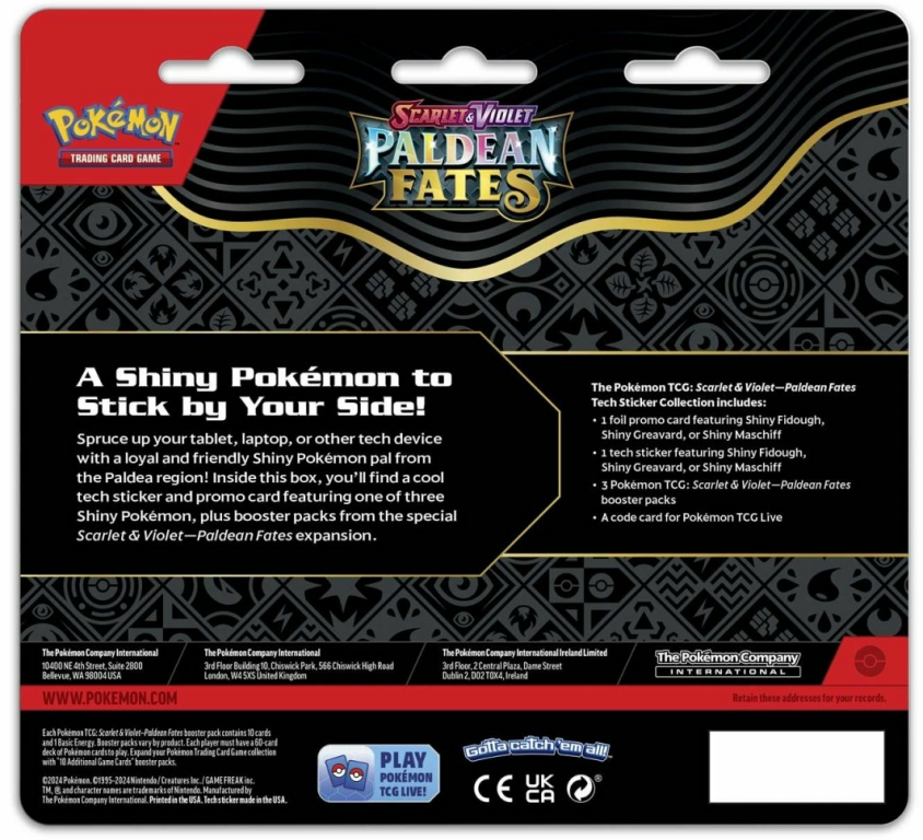 Pokémon TCG: Scarlet & Violet-Paldean Fates Tech Sticker Collection parte posterior de la caja