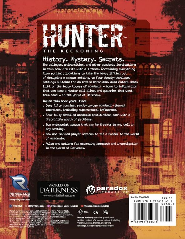 Hunter The Reckoning RPG Alma Maters back of the box