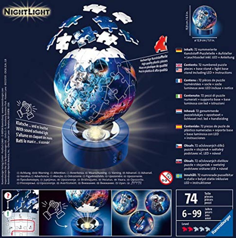 Night Light Puzzle Ball Astronauts in Space achterkant van de doos