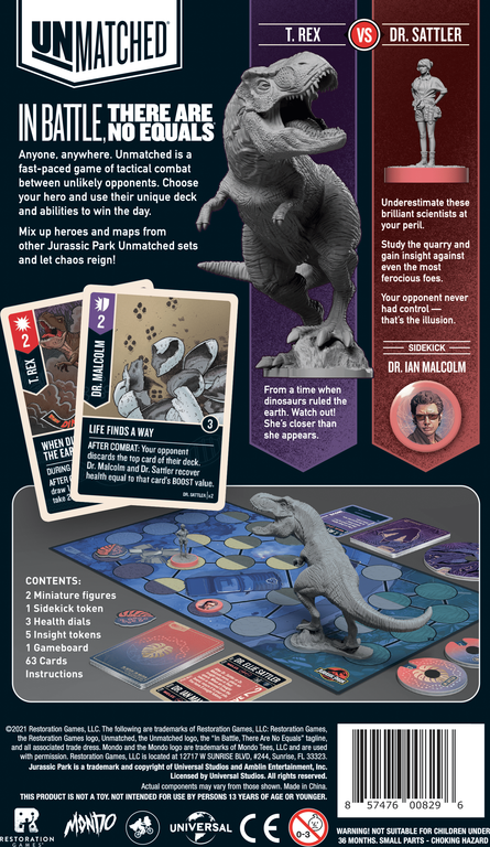 Unmatched: Jurassic Park – Dr. Sattler vs. T. Rex parte posterior de la caja