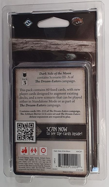 Arkham Horror: El Juego de Cartas – El Lado Oscuro de la Luna: Pack de Mitos parte posterior de la caja