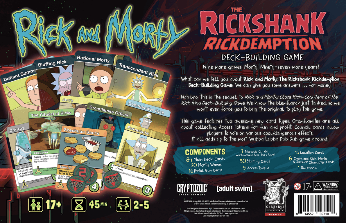 Rick and Morty: The Rickshank Rickdemption Deck-Building Game parte posterior de la caja
