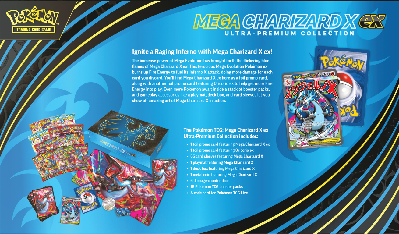 Pokémon TCG: Mega Evolution - Phantasmal Flames Ultra-Premium Collection Mega Charizard X EX back of the box