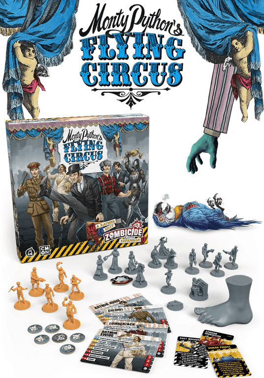 Zombicide: 2nd Edition – Monty Python's Flying Circus: A Rather Silly Expansion components