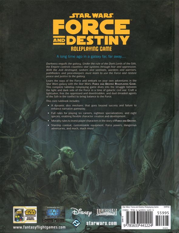 Star Wars: Force and Destiny - Core Rulebook parte posterior de la caja
