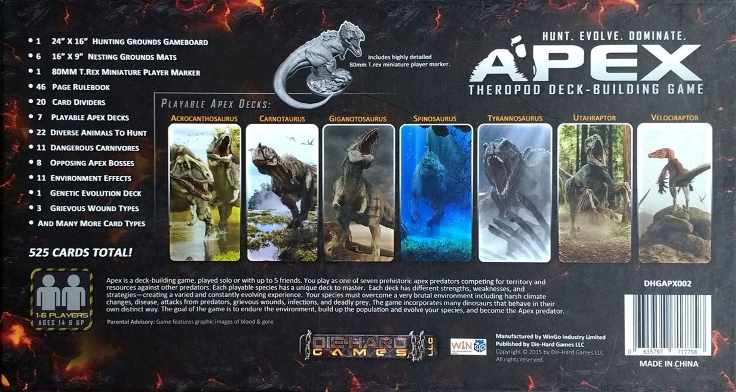 Apex Theropod Deck-Building Game parte posterior de la caja