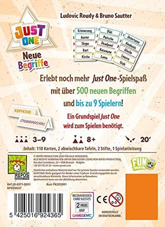 Just One: Neue Begriffe parte posterior de la caja