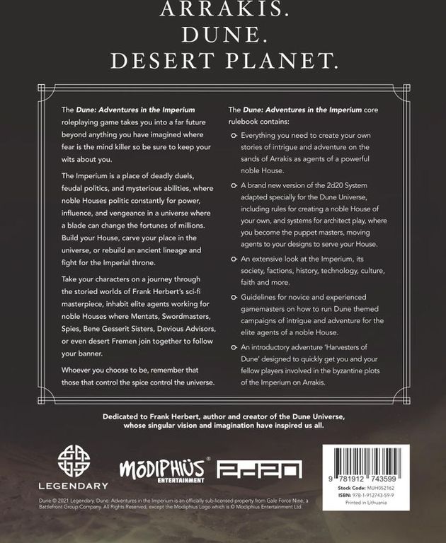 Dune: Adventures in the Imperium Core Rulebook dos de la boîte