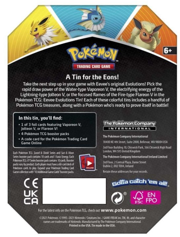 Pokémon TCG: Eevee Evolutions Tin achterkant van de doos
