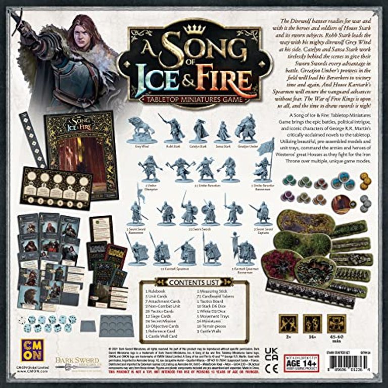 A Song of Ice & Fire: Tabletop Miniatures Game – Stark Starter Set parte posterior de la caja