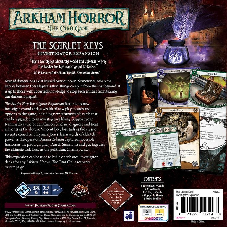 Arkham Horror: El Juego de Cartas – Las Llaves Escarlata: Expansión de Investigadores parte posterior de la caja