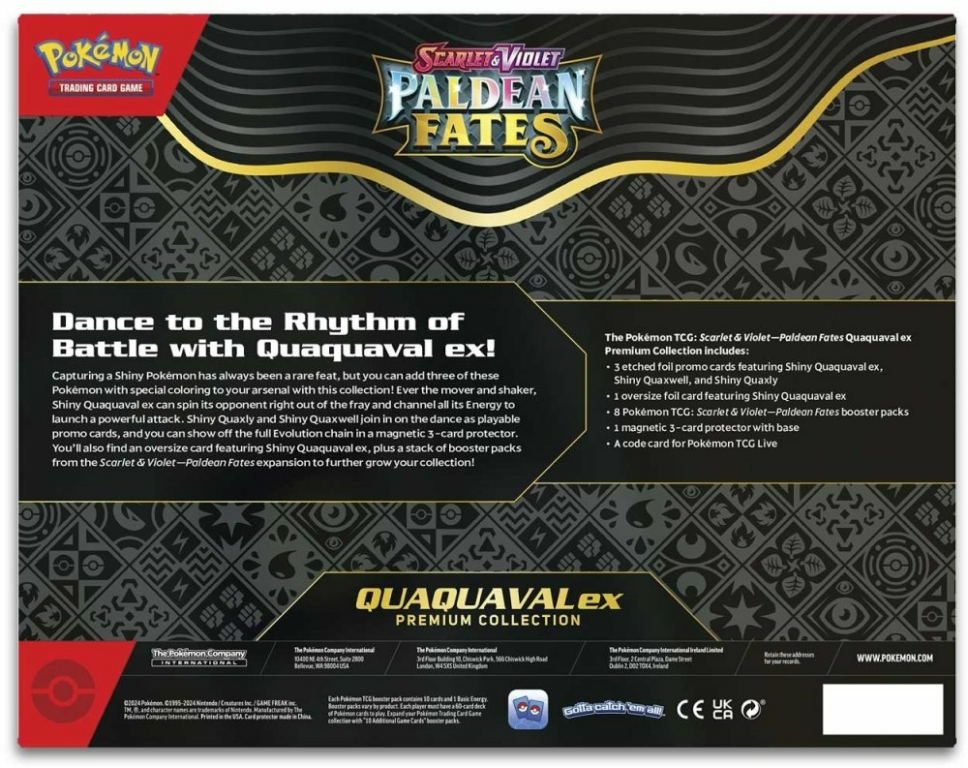 Pokémon TCG: Scarlet & Violet-Paldean Fates Quaquaval ex Premium Collection dos de la boîte