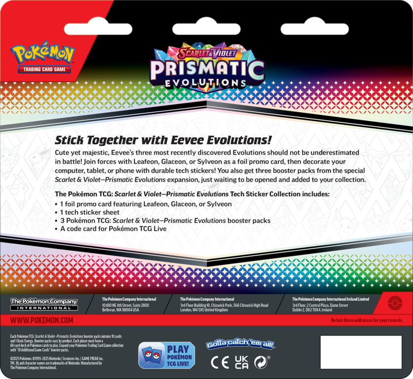 Pokémon TCG: Scarlet & Violet - Prismatic Evolutions Tech Sticker Collection achterkant van de doos