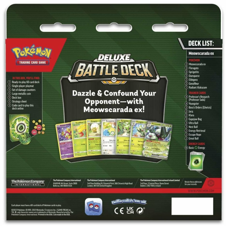 Pokémon TCG: Meowscarada ex Deluxe Battle Deck achterkant van de doos