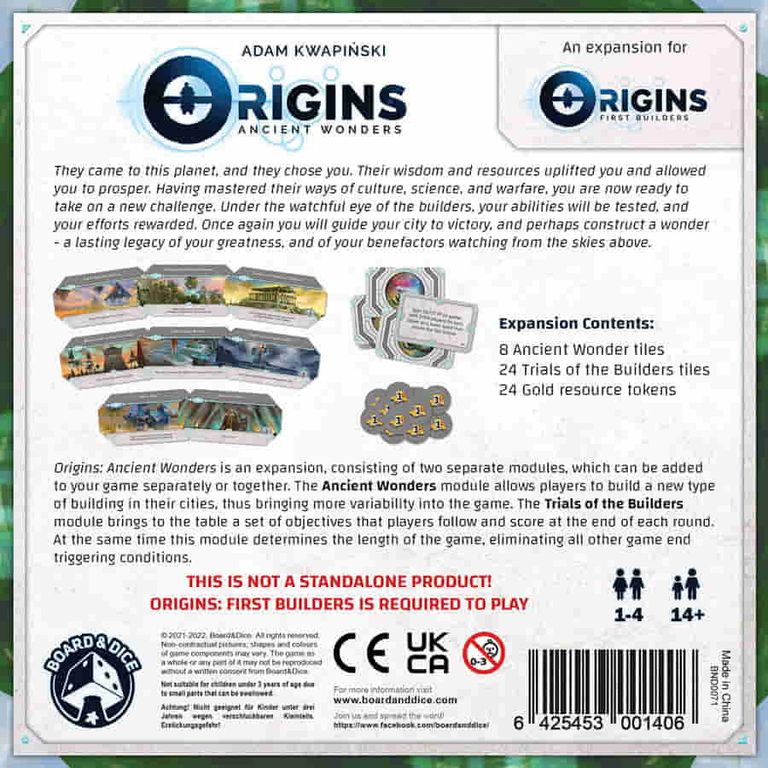 Origins: Ancient Wonders dos de la boîte