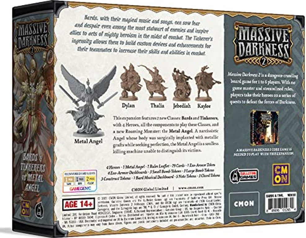 Massive Darkness 2: Heroes & Monster Set – Bards & Tinkerers vs Metal Angel parte posterior de la caja