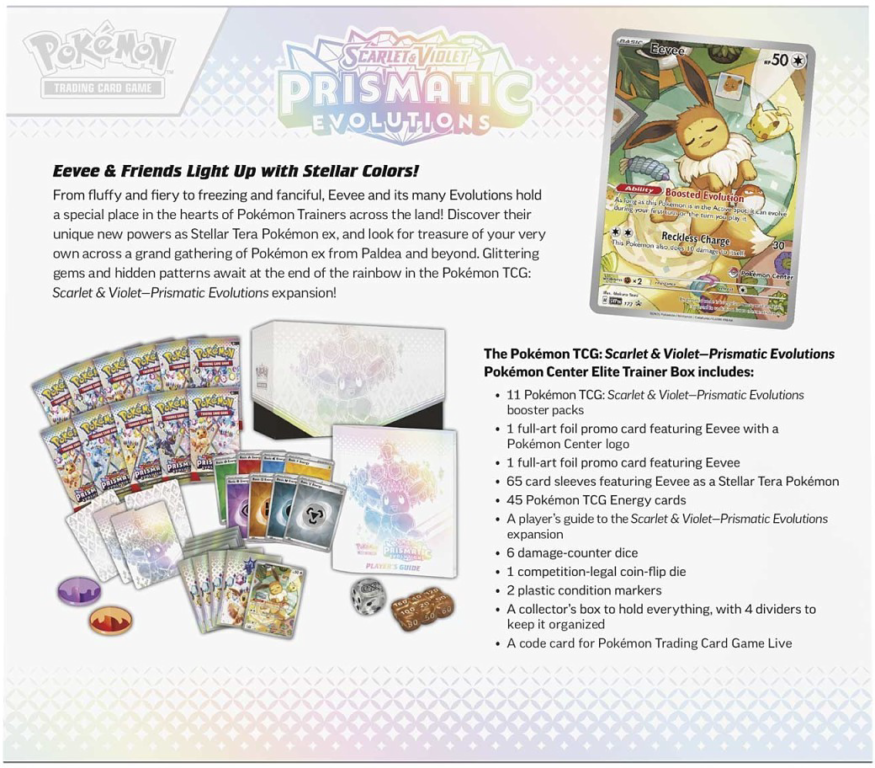 Pokémon TCG: Scarlet & Violet - Prismatic Evolutions Elite Trainer Box parte posterior de la caja