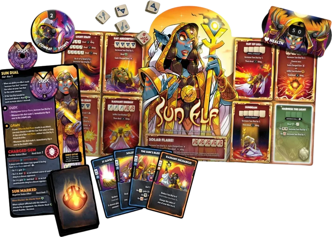 Dice Throne: Sun Elf – Hero Pack components