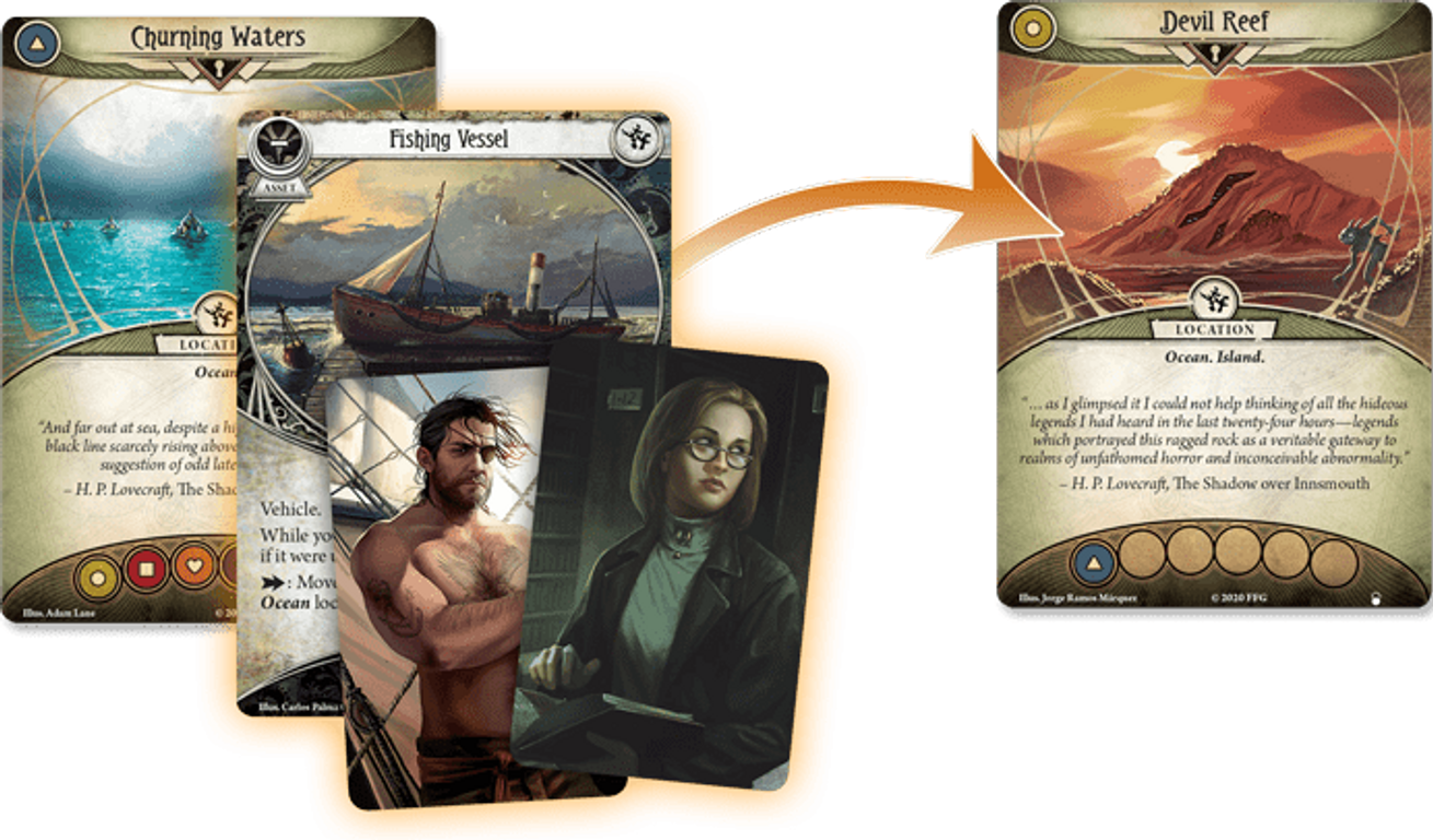 Arkham Horror: The Card Game – Devil Reef: Mythos Pack kaarten