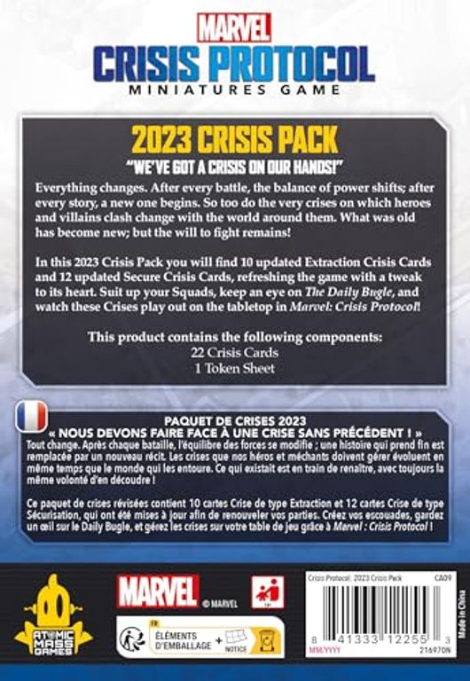 Marvel: Crisis Protocol Crisis Card Pack 2023 - Refresh and Enhance Your Gameplay! Tabletop Superhero Game for Kids and Adults, Ages 14+, 2 Players, 90 Minute Playtime, Made by Atomic Mass Games rückseite der box
