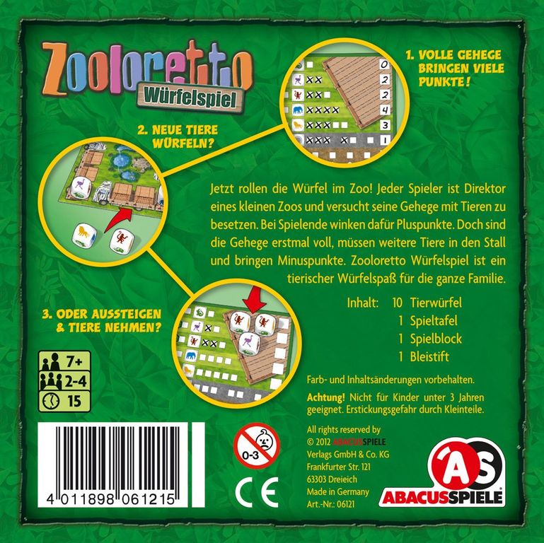 Zooloretto Würfelspiel rückseite der box