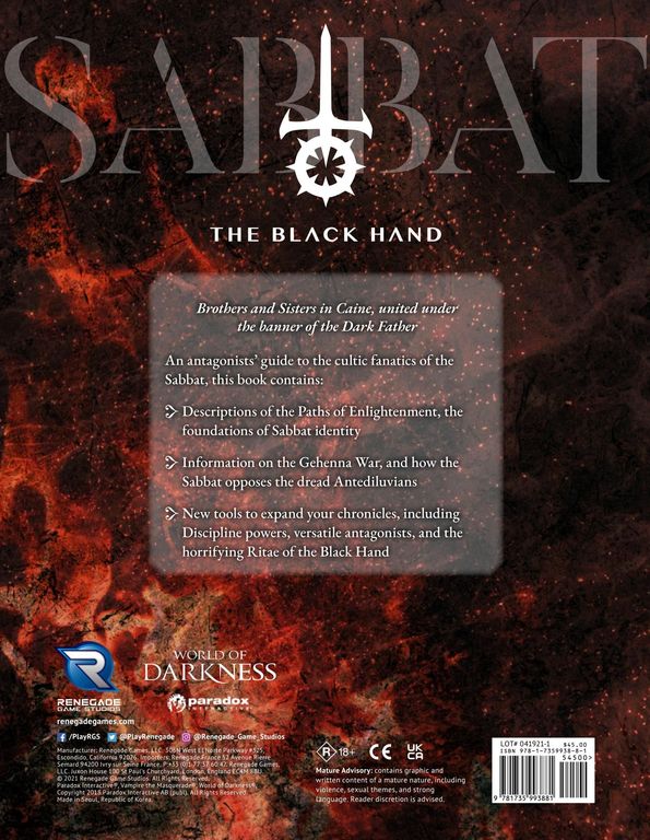 Sabbat: The Black Hand dos de la boîte