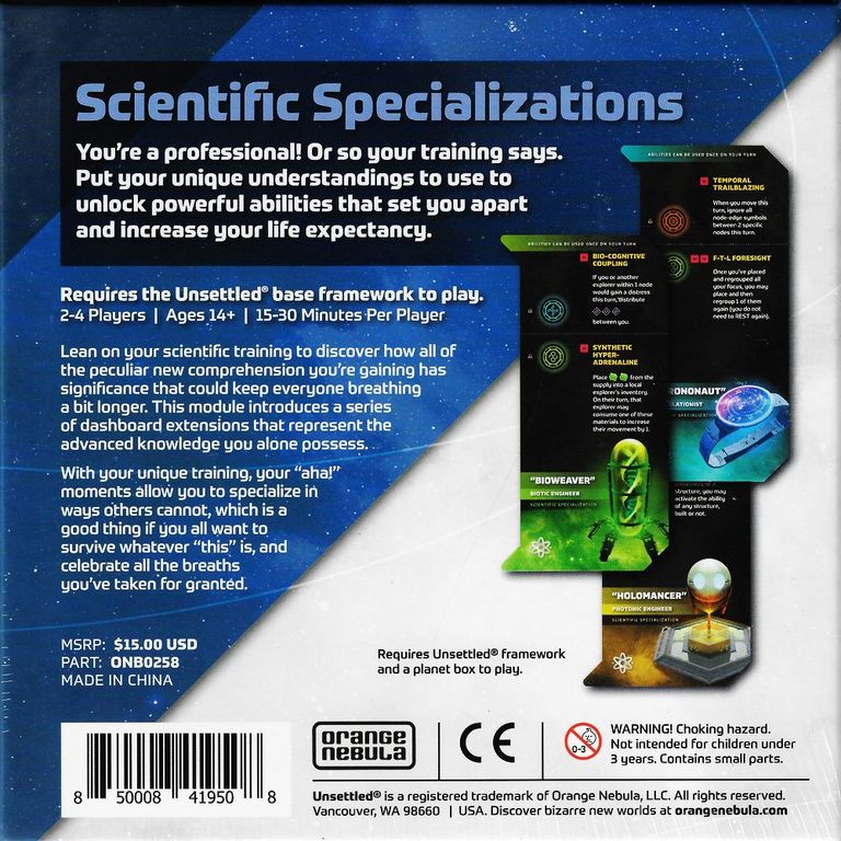 Unsettled: Scientific Specializations back of the box