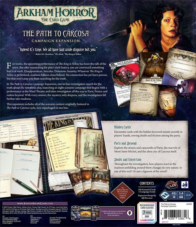 Arkham Horror: El Juego de Cartas – El Camino a Carcosa: Expansión de Campaña parte posterior de la caja