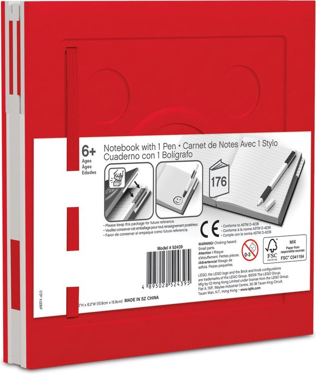 Verschließbares Notizbuch mit Gelschreiber in Rot rückseite der box
