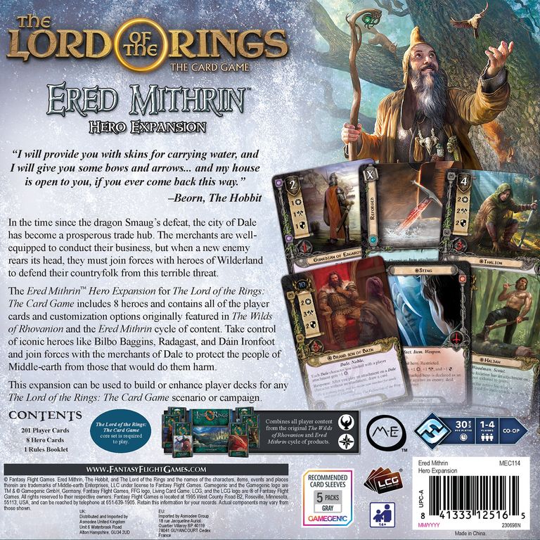 The Lord of the Rings: The Card Game – Ered Mithrin Hero Expansion parte posterior de la caja