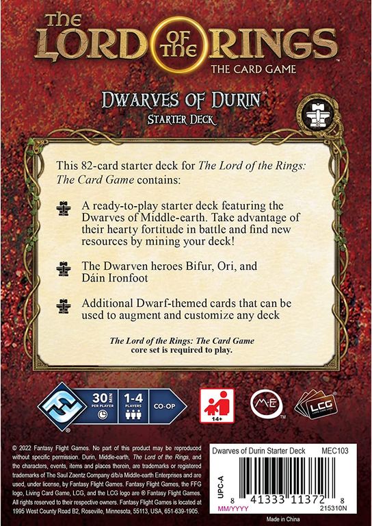 The Lord of the Rings: The Card Game – Revised Core – Dwarves of Durin Starter Deck parte posterior de la caja