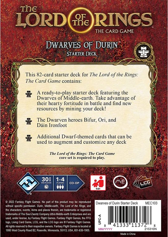 Señor Anillos Lcg: Enanos de Durin Mazo de Inicio parte posterior de la caja
